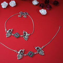 Silver Peacock Oxidised Anklet