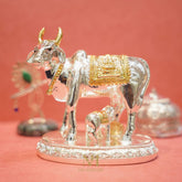 Auspicious Kamdhenu Cow with Calf Idol - Silver Plated