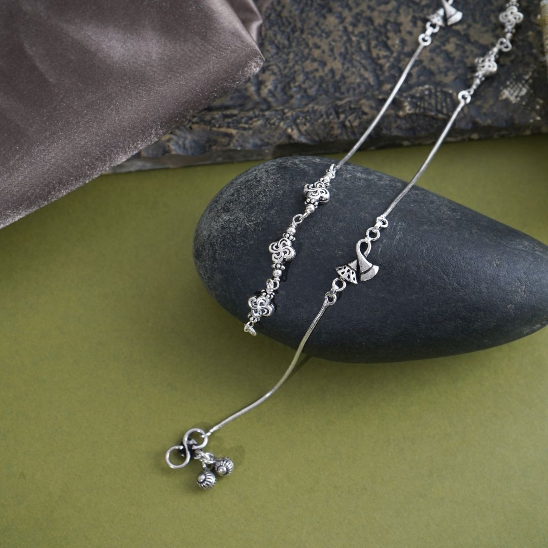 Silver pair of Floral Anklet