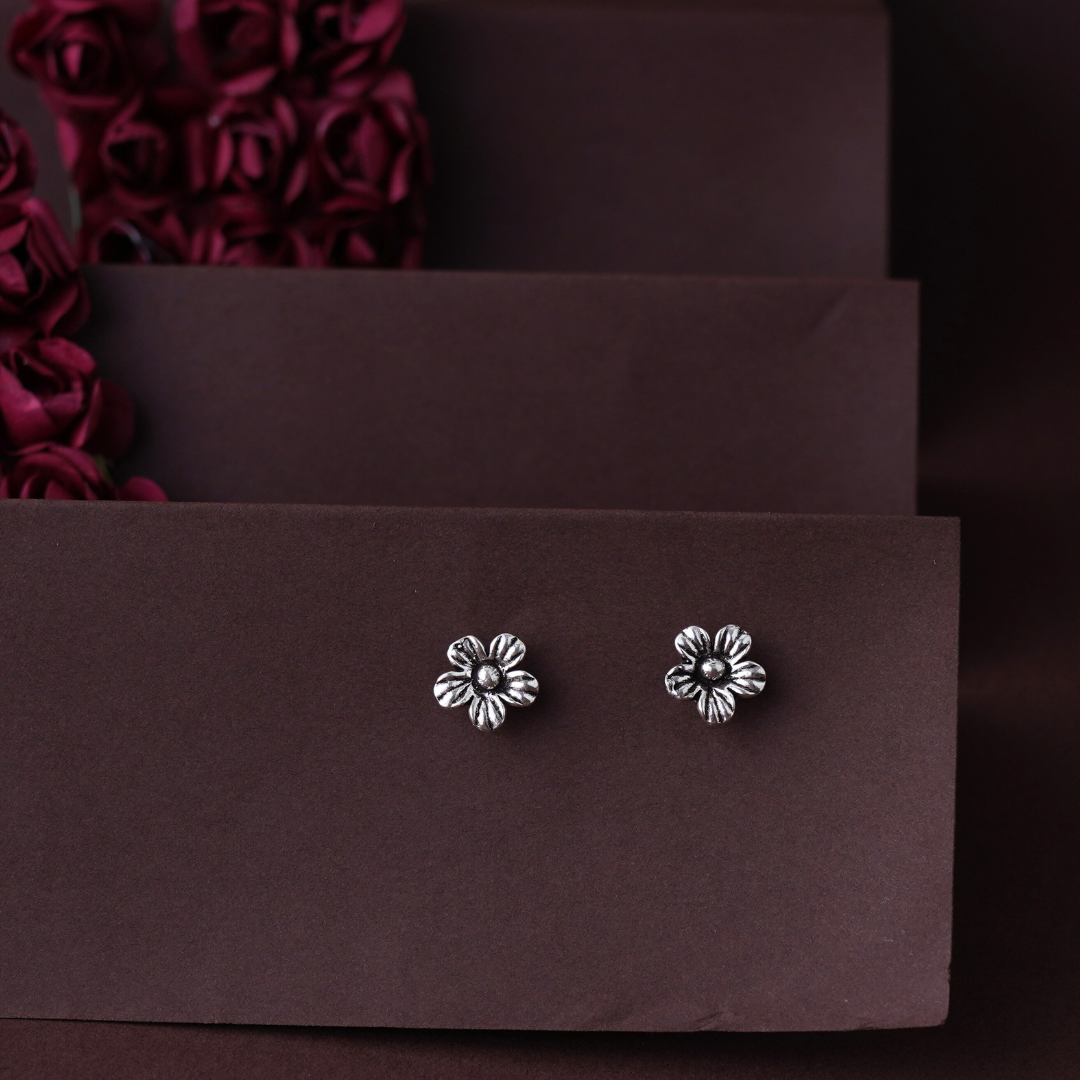 Oxidised Flower Design Silver Stud Earrings