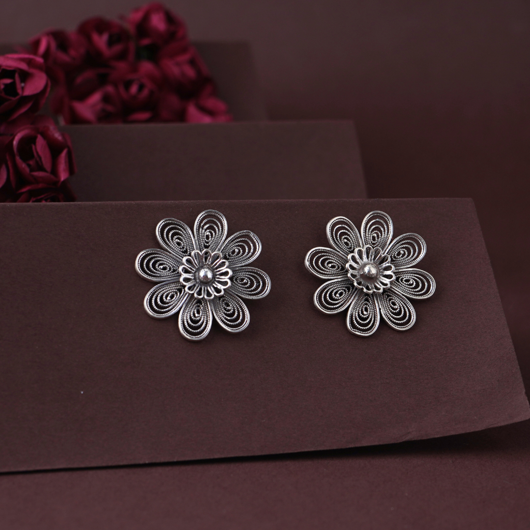 Flower Design Oxidised Silver Earring