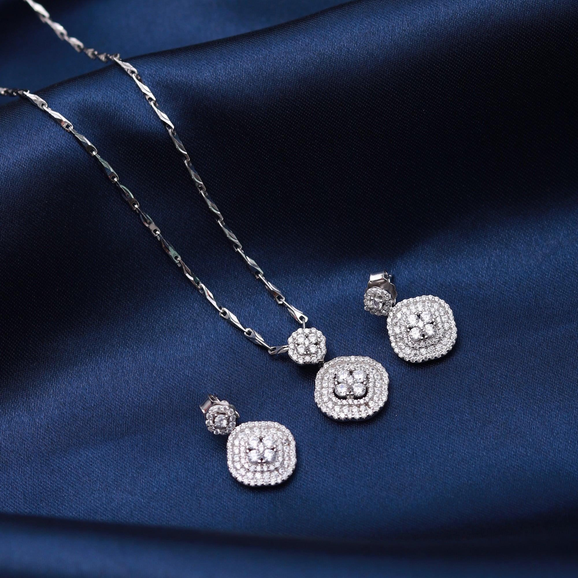 Silver Zircon Clover Pendant Set - silvermark
